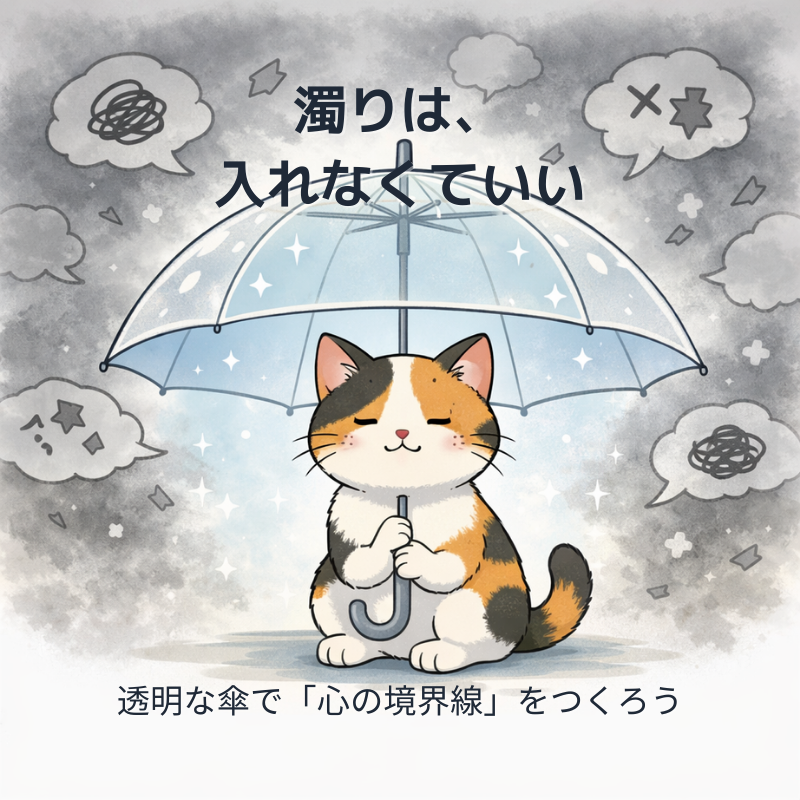 透明なビニール傘の内側で三毛猫が落ち着き、外側に灰色のモヤが漂っているイラスト