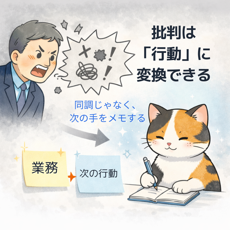 上司のトゲ付き吹き出しの横で三毛猫がメモを取り、批判を付箋のタスクに変えているイラスト
