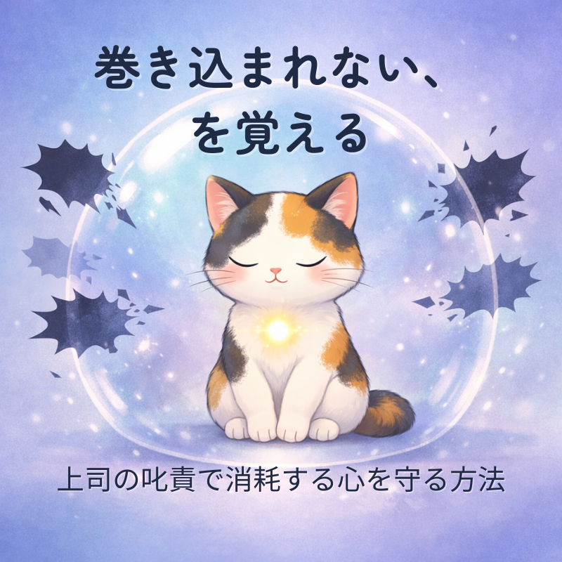 透明なバリアの中で目を閉じて深呼吸する三毛猫。外側の黒いトゲ状のノイズが弾けて消えている。