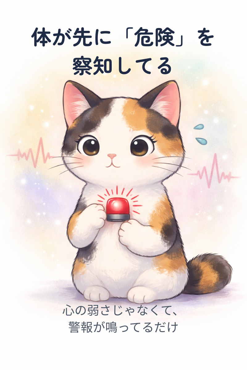 胸元で赤い警報ランプが点滅し、少し不安そうな表情の三毛猫が両手でランプを押さえている。