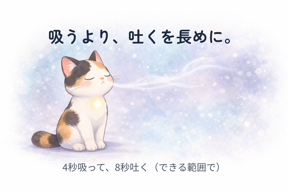 目を閉じて穏やかに息を吐く三毛猫。細い息の線が伸び、周囲のモヤが薄くなる。