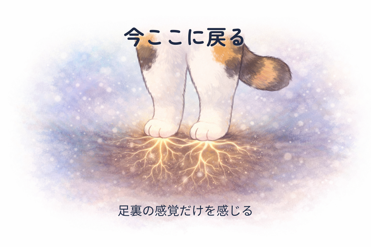 三毛猫の足裏から光る根が伸び、地面につながっている。『今ここ』に戻るイメージの幻想的な表現。
