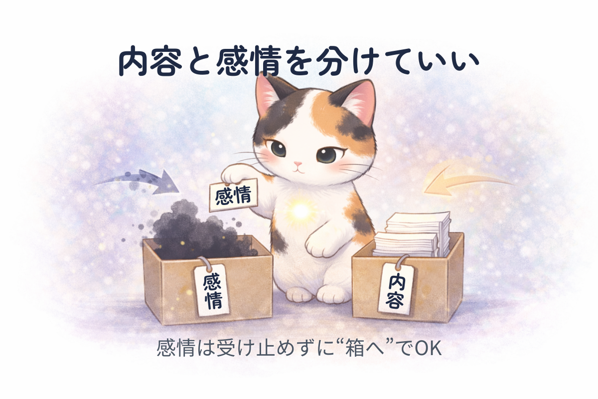 三毛猫が黒いモヤと白い紙を別々の箱に仕分けしている。感情と内容を分けるイメージ。