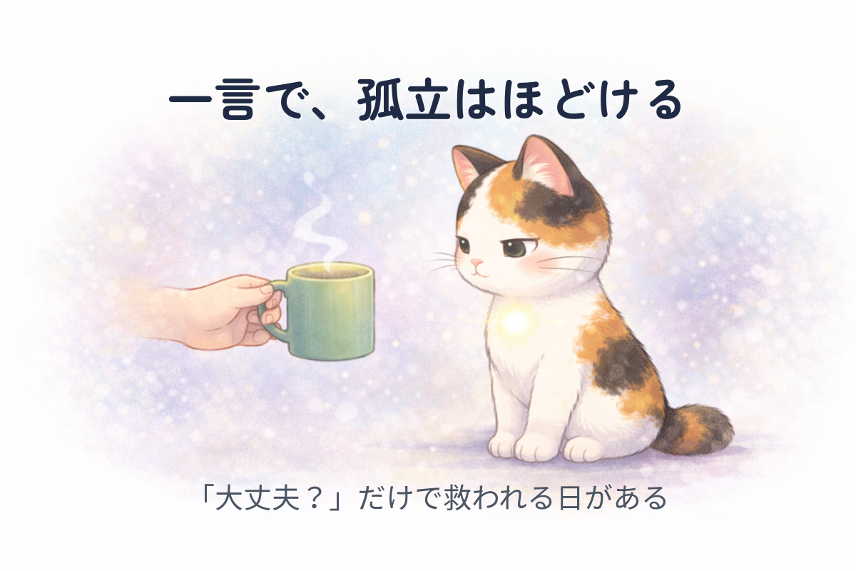 湯気の立つマグカップをそっと差し出す手と、それを見つめる三毛猫。やさしさと安全の表現。