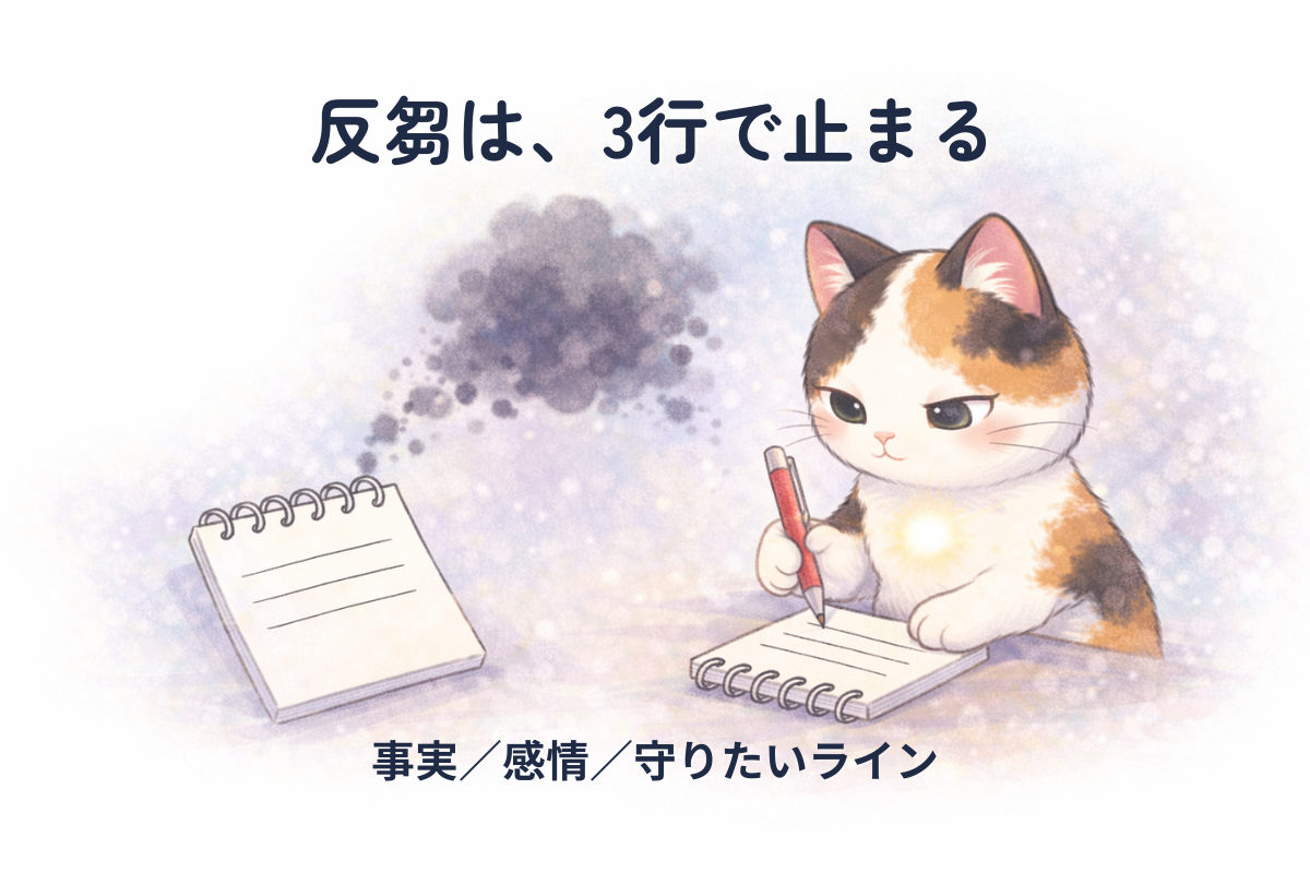 三毛猫がペンでメモ帳に書き、頭の上のモヤが粒になって紙へ移っていく。反芻を止める3行メモのイメージ。