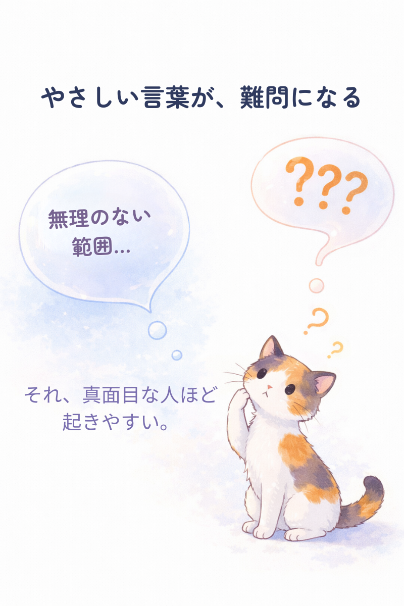 三毛猫が首をかしげ、吹き出しが疑問符の形に変化しているイラスト。優しい言葉が難しく感じる状態を表現