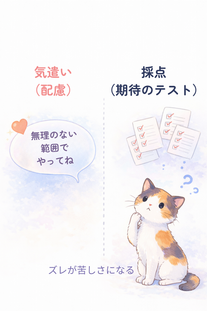 左にハート付きの吹き出し、右にチェックリストが増える三毛猫のイラスト。配慮と採点のズレを可視化