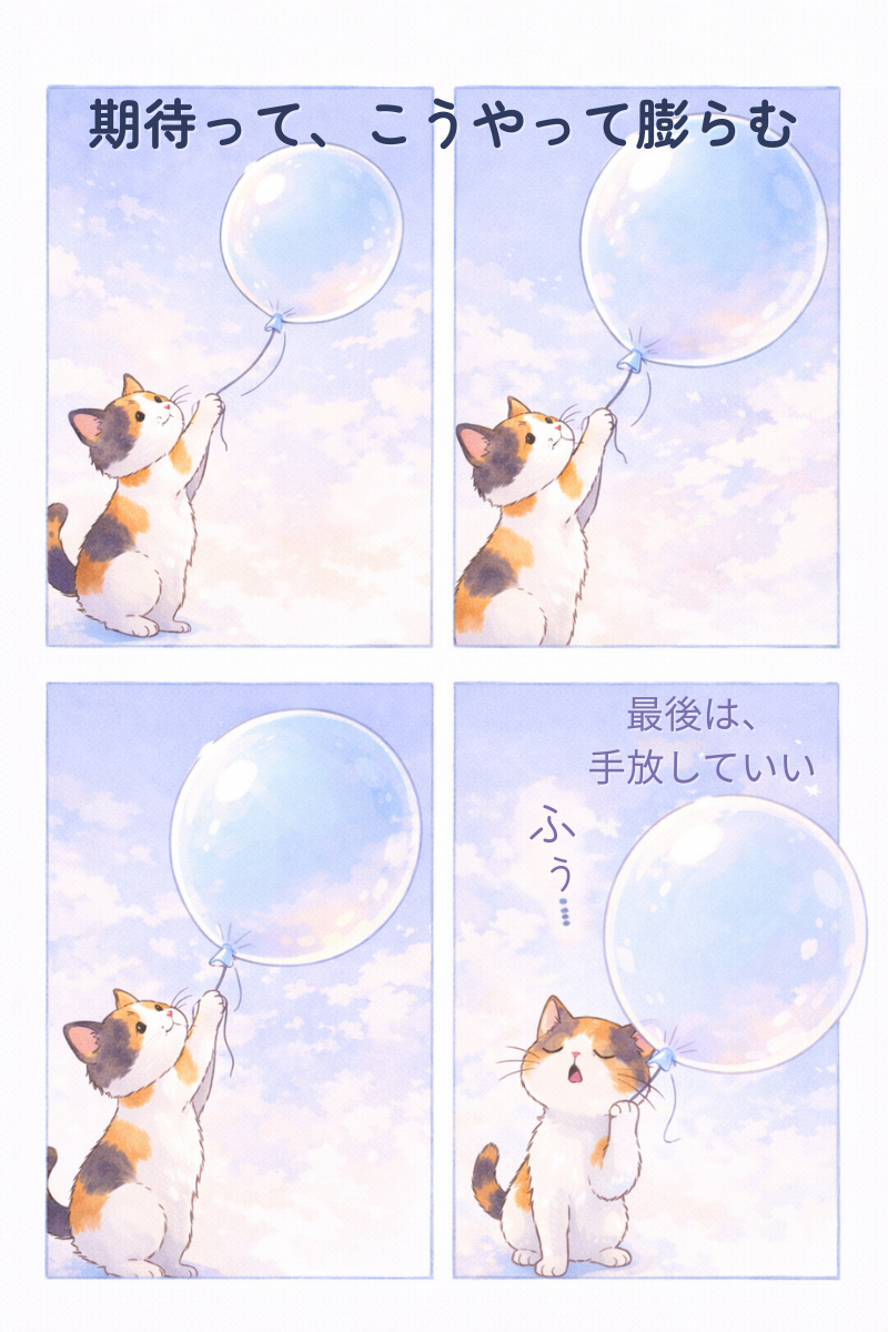 三毛猫と風船の4コマ漫画。小さな風船がどんどん膨らみ、最後に手放してほっとする流れ