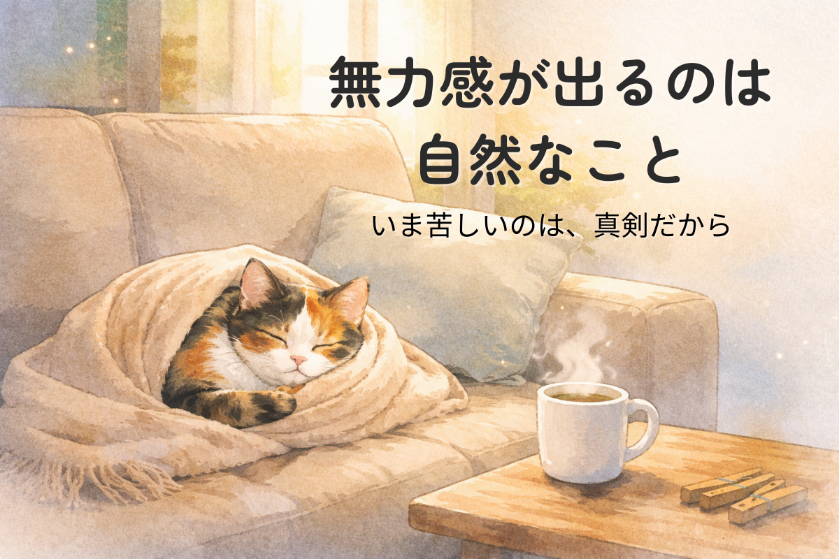 ソファで毛布にくるまる三毛猫と湯気のマグ、無力感に寄り添うやさしい場面