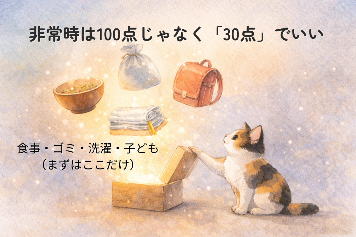 三毛猫が開けた木箱からスープ・洗濯物・ゴミ袋・ランドセルが光とともに浮かぶ、30点の優先順位