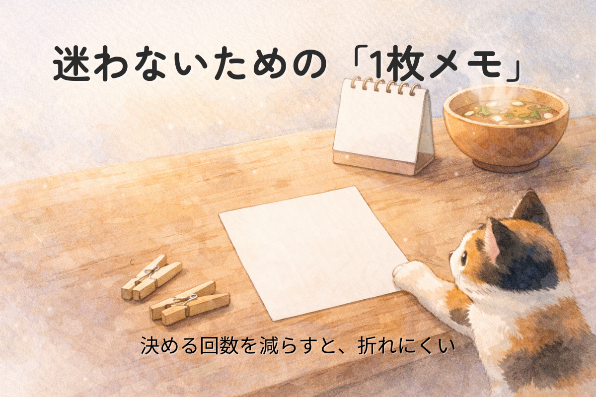 木のテーブルに無地メモとカレンダーとスープ、三毛猫の前足がそっとメモに触れるイラスト