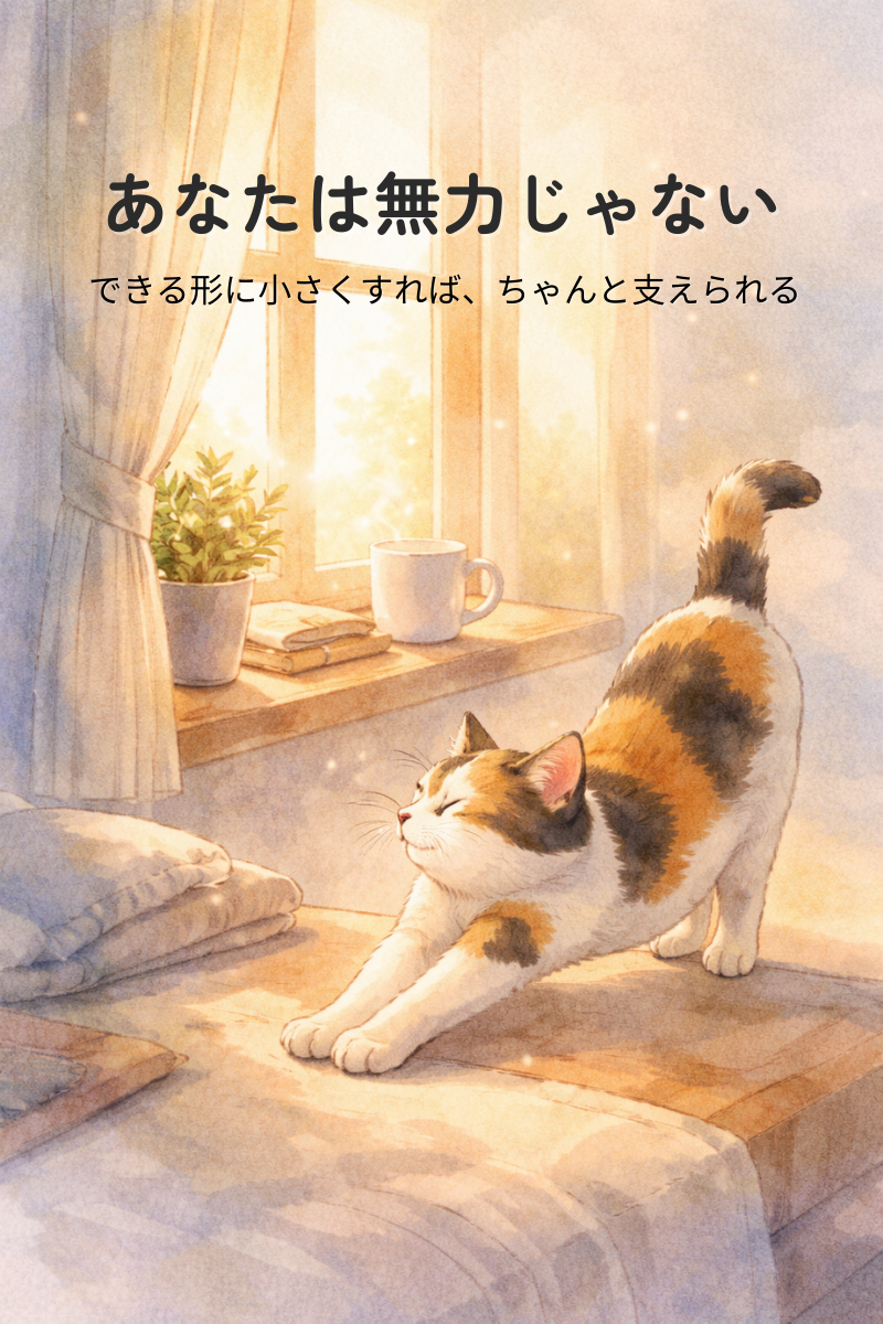 朝日が差す窓辺で伸びをする三毛猫と湯気のマグ、回復の兆しと安心感を表す