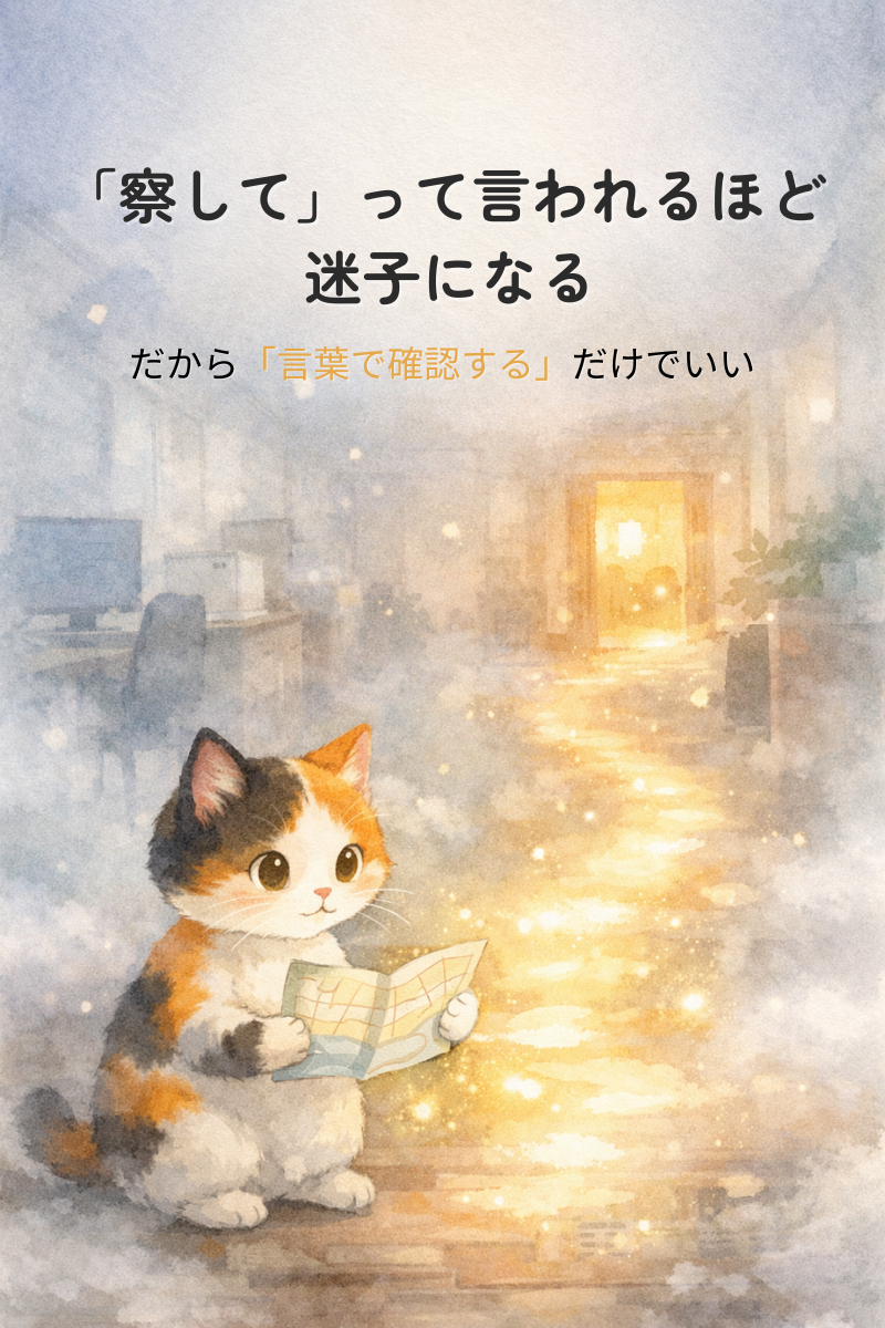 霧のかかったオフィスの通路で三毛猫が地図を開き、足元の道が光って出口へ続いているイラスト