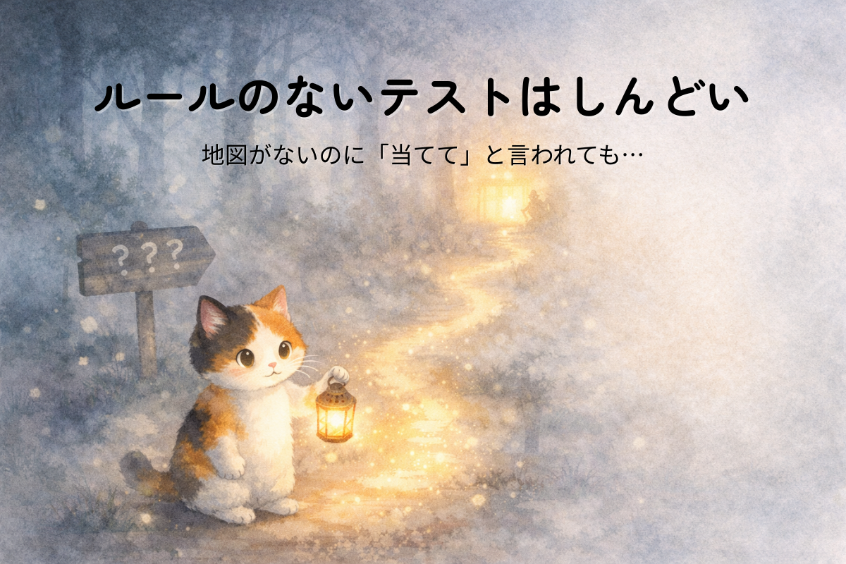 霧の森で三毛猫がランタンを持ち、道標のないまま遠くの淡く光る宝箱を見つめているイラスト