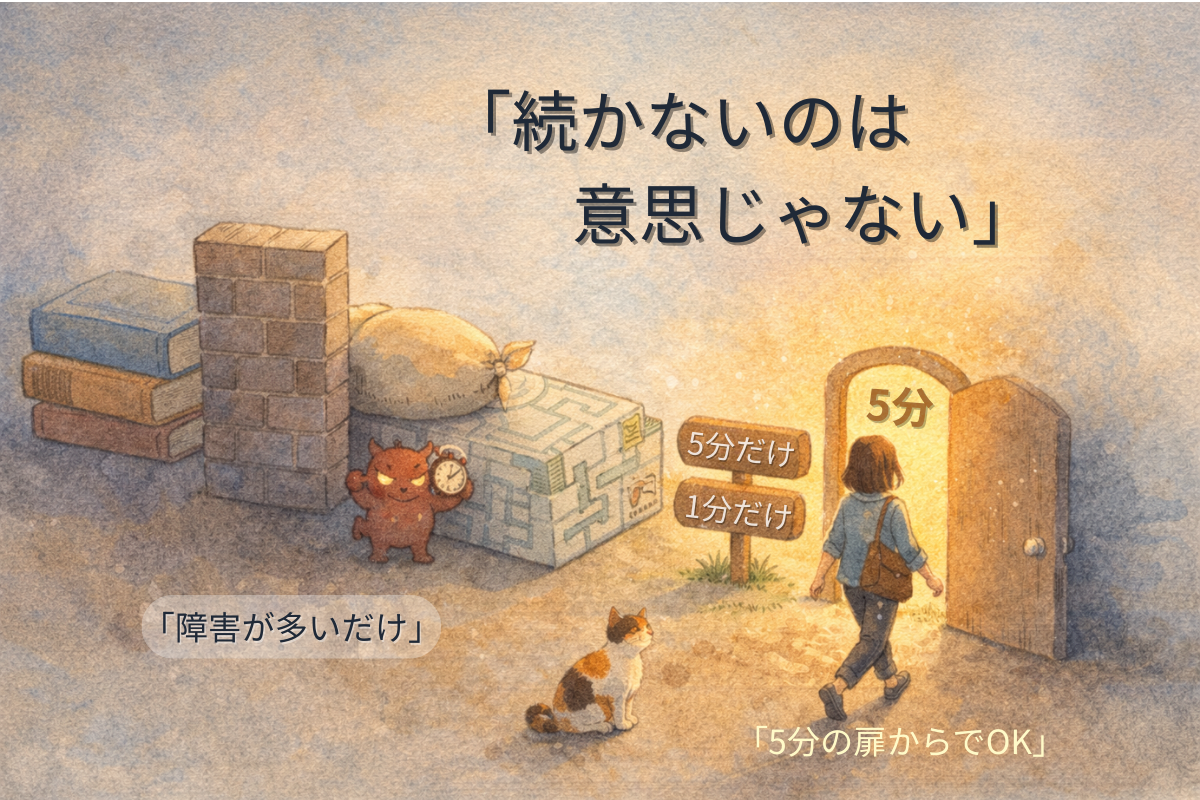重い本や壁や迷路などの障害物の横に『5分』の小さな扉が光り、人物と三毛猫がそこへ向かうイラスト。頑張らない読書設計を表す