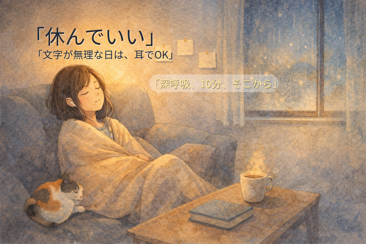 雨の夜の部屋でブランケットにくるまり、イヤホンで音声を聴きながら休む人物と三毛猫。休息と耳での読書を表す