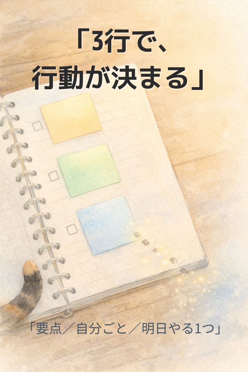開いたノートに無地の付箋が3枚並び、チェックボックスと足跡が描かれた水彩イラスト（三毛猫の気配）
