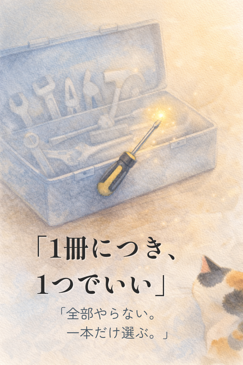 開いた工具箱の中で手前のドライバーだけが明るく光り、先端に小さな光が灯る水彩イラスト（三毛猫）