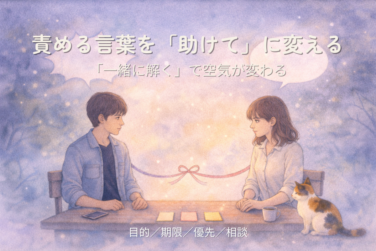 尖った吹き出しと丸い吹き出し、結ばれるリボンで言い換えと共同を表す水彩イラスト（三毛猫と付箋）