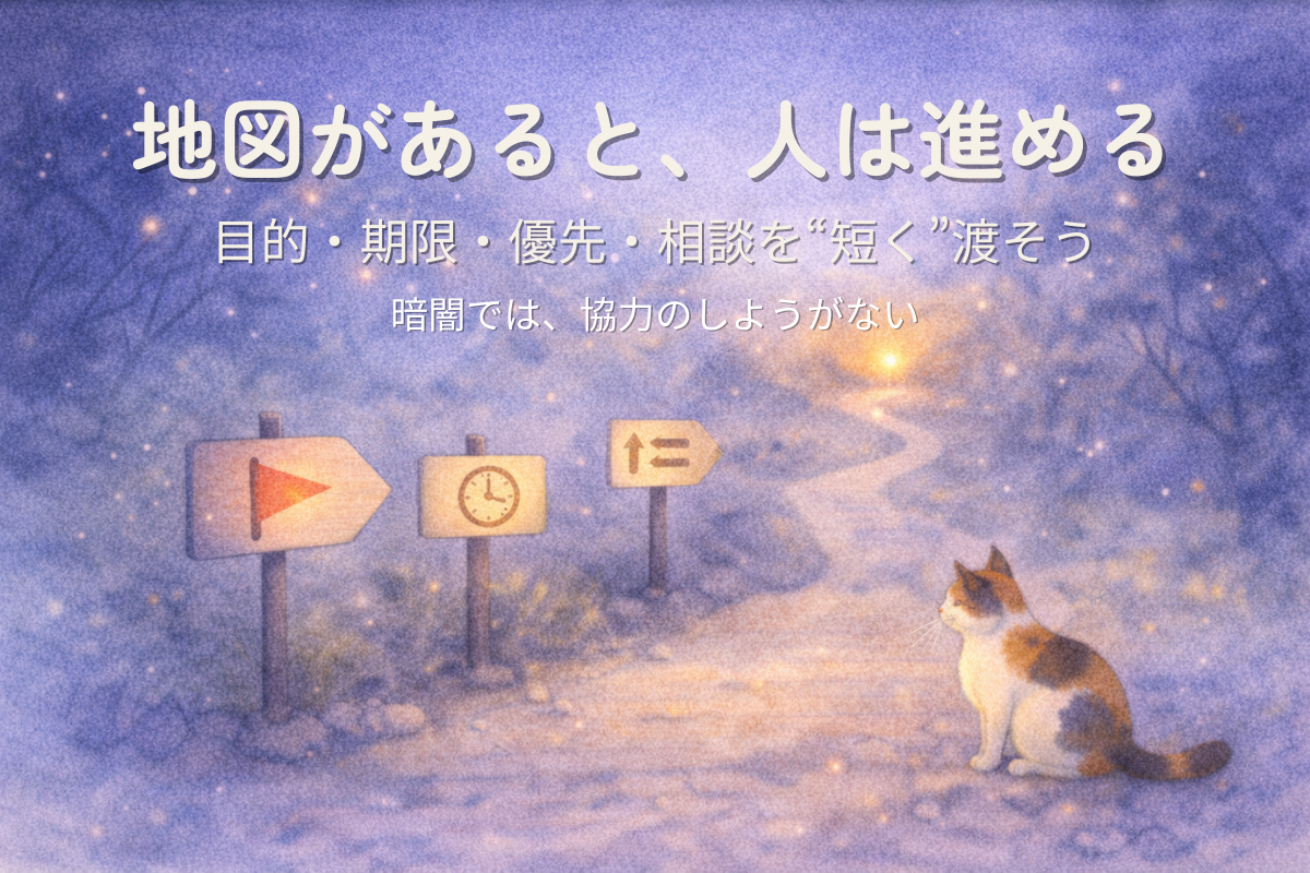 夜道に旗・時計・矢印の標識が立ち、遠くの灯りへ導く水彩イラスト（目的共有で進める・三毛猫）