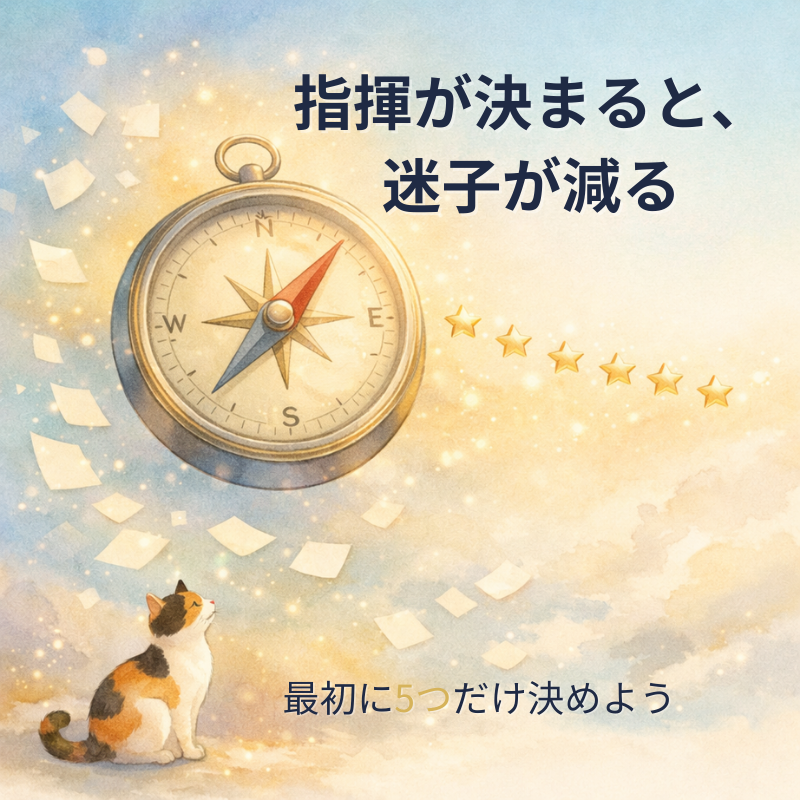 指揮者とゴールが決まると散らばったメモが整い、コンパスと5つの星が道を示すイラスト（三毛猫）