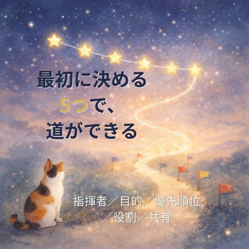 5つの星が星座になり光の道を照らし、道沿いに5本の旗が立つイラスト（三毛猫）