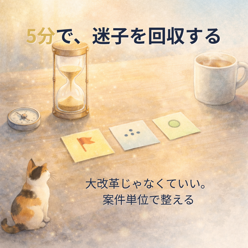朝の机に5分の砂時計と3枚の付箋（旗・点・丸）、コンパスと温かい飲み物が置かれたイラスト（三毛猫）