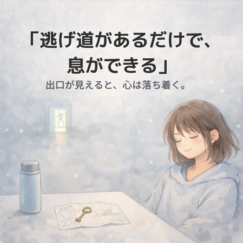 静かな部屋に非常口の光が見え、地図と鍵と水筒が並ぶ。逃げ道で心が落ち着くことを表した水彩イラスト