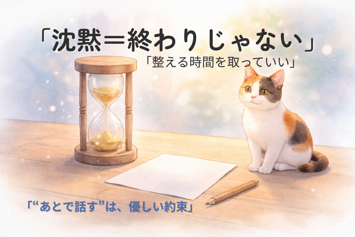 机の上の砂時計と白いメモを三毛猫が見守る水彩イラスト。落ち着くための時間を表現