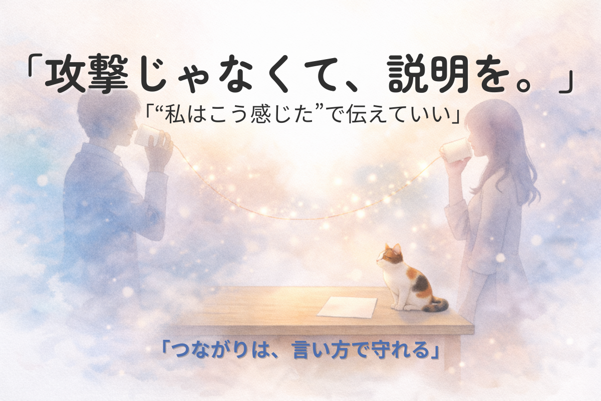 二人のシルエットが糸電話でつながり、光の粒が糸を流れる水彩イラスト。気持ちの説明を表現