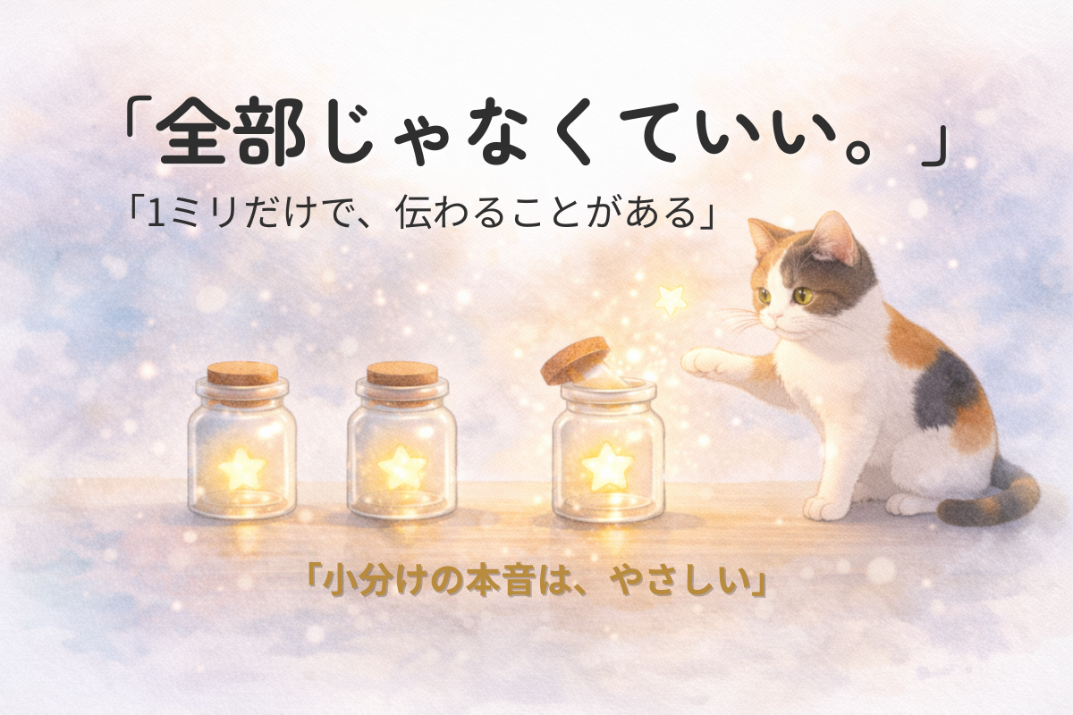 ガラス瓶に入った星と、ふたの開いた瓶から星がふわっと出る水彩イラスト。三毛猫がそっと触れて見守る