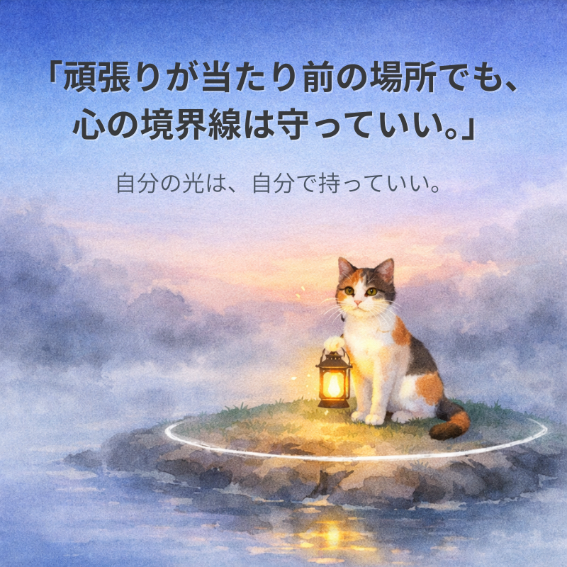 頑張りが当たり前の空間でも心の境界線を守るイメージの三毛猫とランタンの水彩イラスト
