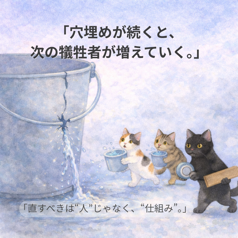ひび割れたバケツの水漏れを三毛猫とキジトラと黒猫が必死に受け止める犠牲のリレーの水彩イラスト