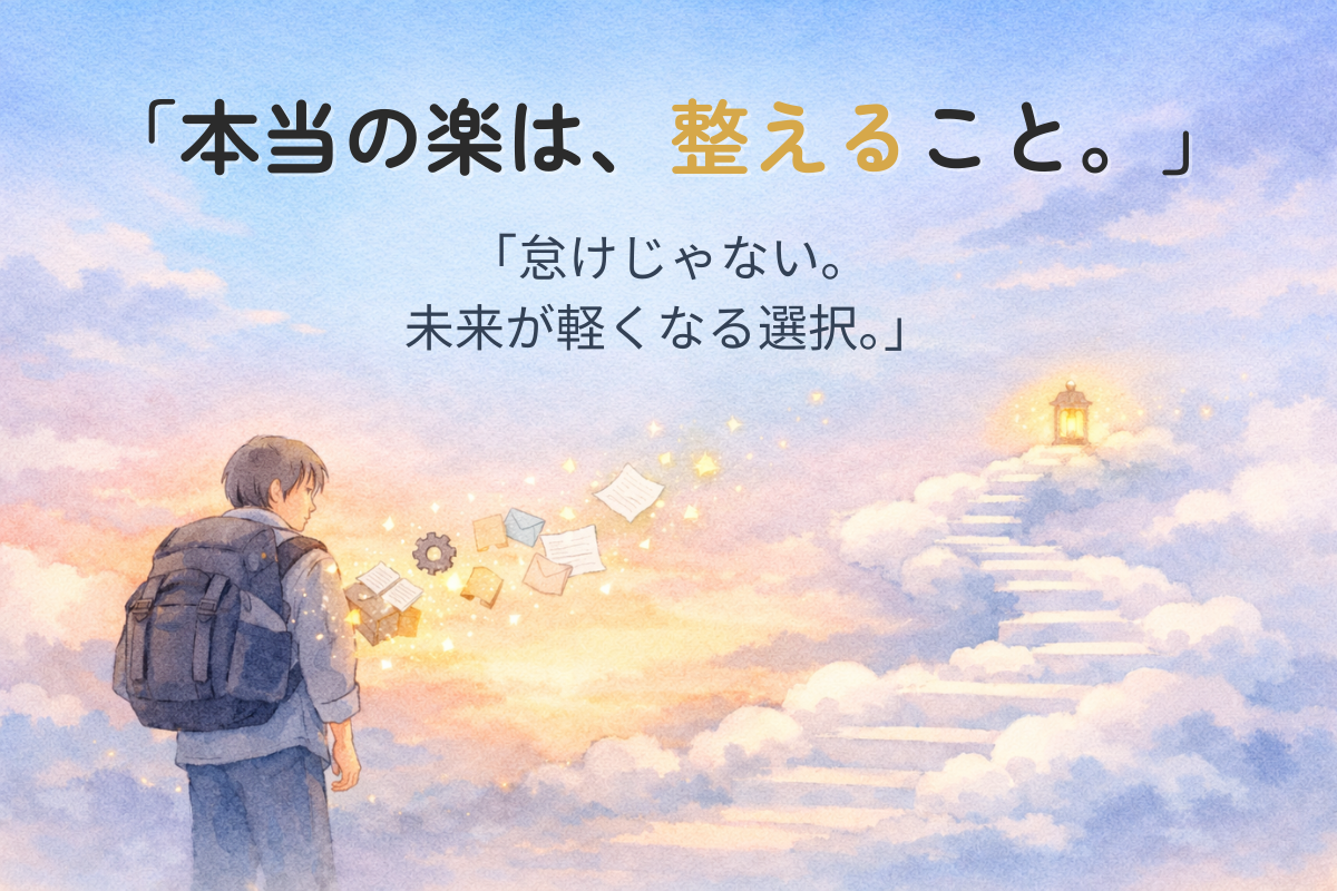 重たいリュックから不要な荷物が光の粒になって消え、雲の階段の先のランタンへ向かう水彩イラスト(整えると未来が軽くなるイメージ)