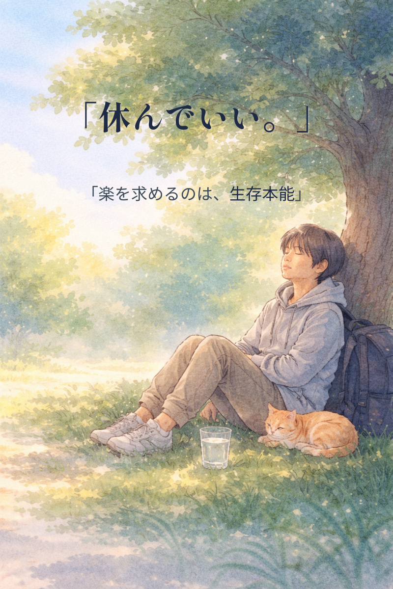 木陰で人物が深呼吸して休み、隣で猫もくつろぎ、足元に水のコップがある水彩イラスト(休んでいい安心の象徴)