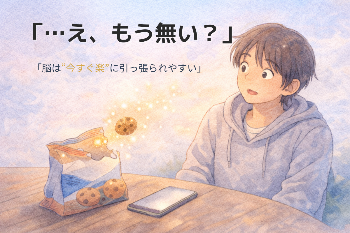 クッキー袋の小さな穴からクッキーが金色の光の粒になって消え、近くのスマホが淡く光る水彩イラスト(今すぐ快楽に引っ張られる脳の比喩)