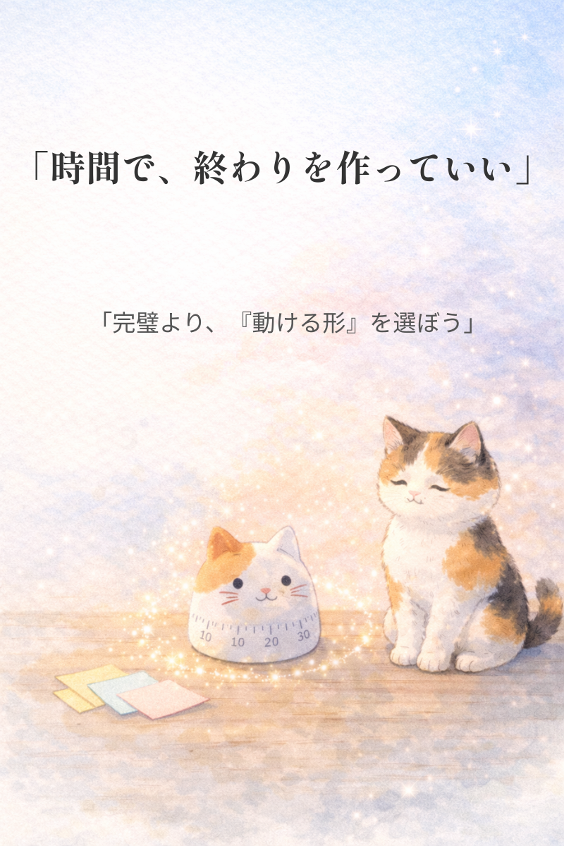 「猫型タイマーと三毛猫が作業を時間で区切る安心感を表す水彩イラスト」