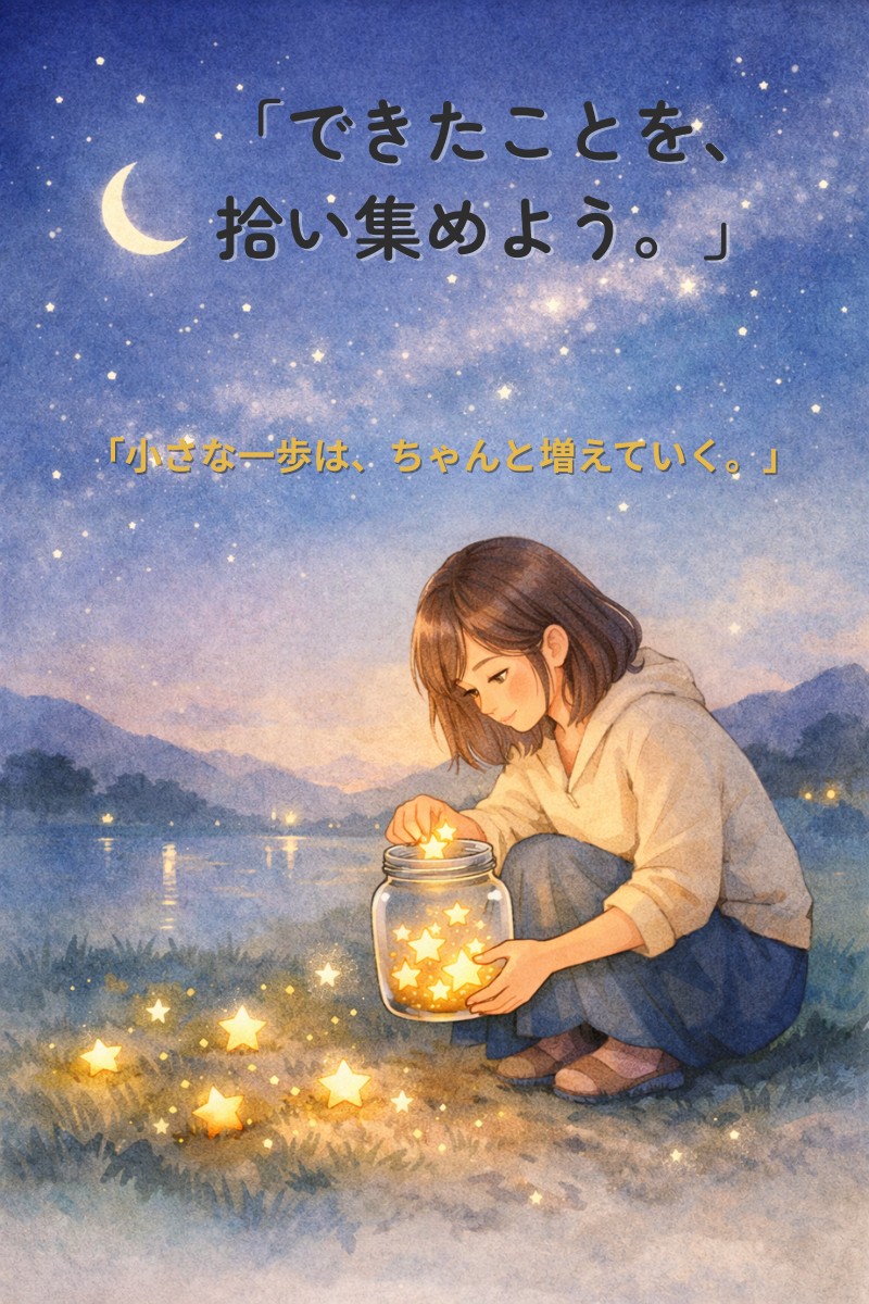 夜空の下で小さな星を拾い、瓶に集めて光を増やしていくイラスト