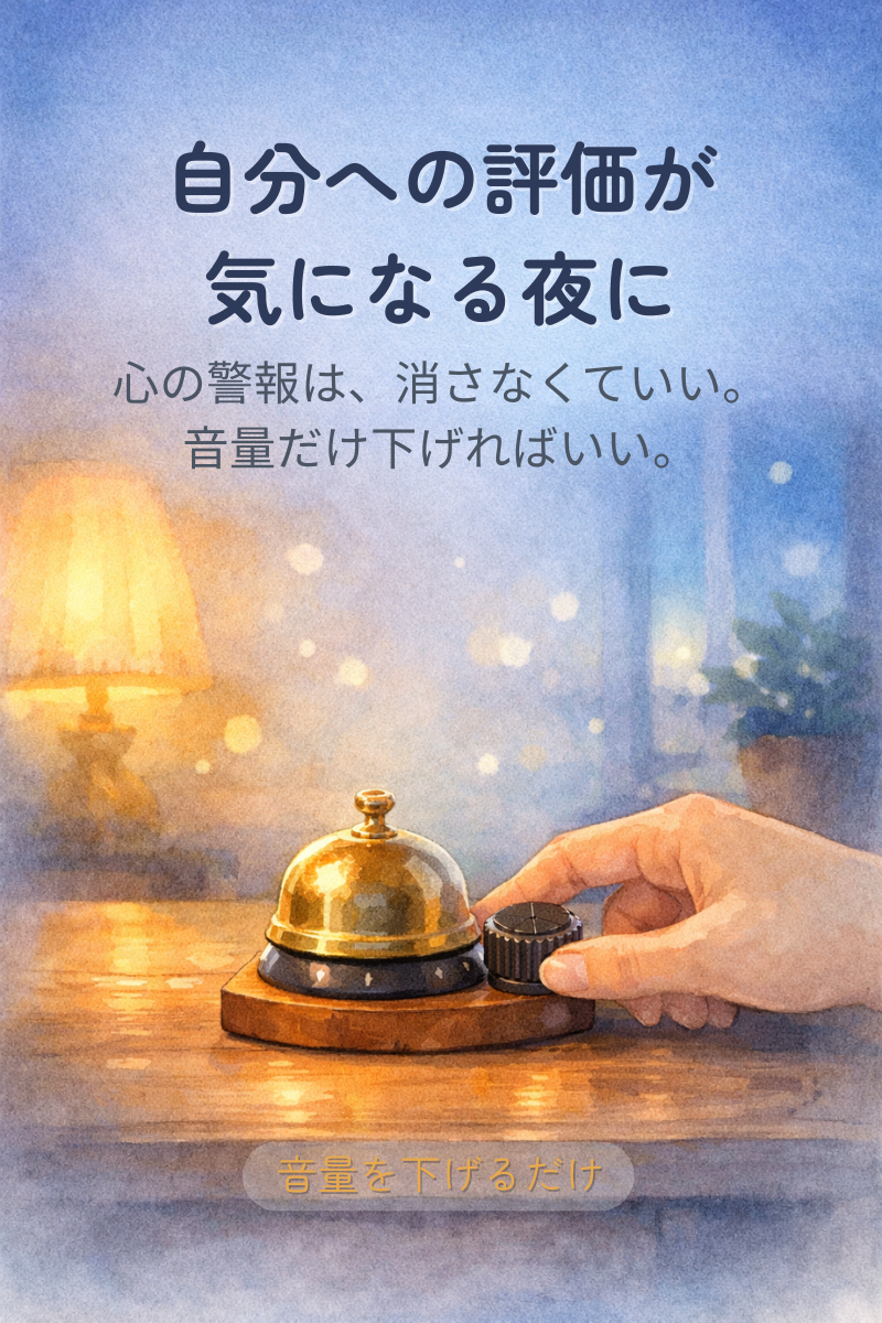 夜の机の上のベル型の警報装置と音量ダイヤルをやさしく下げる手の水彩イラスト
