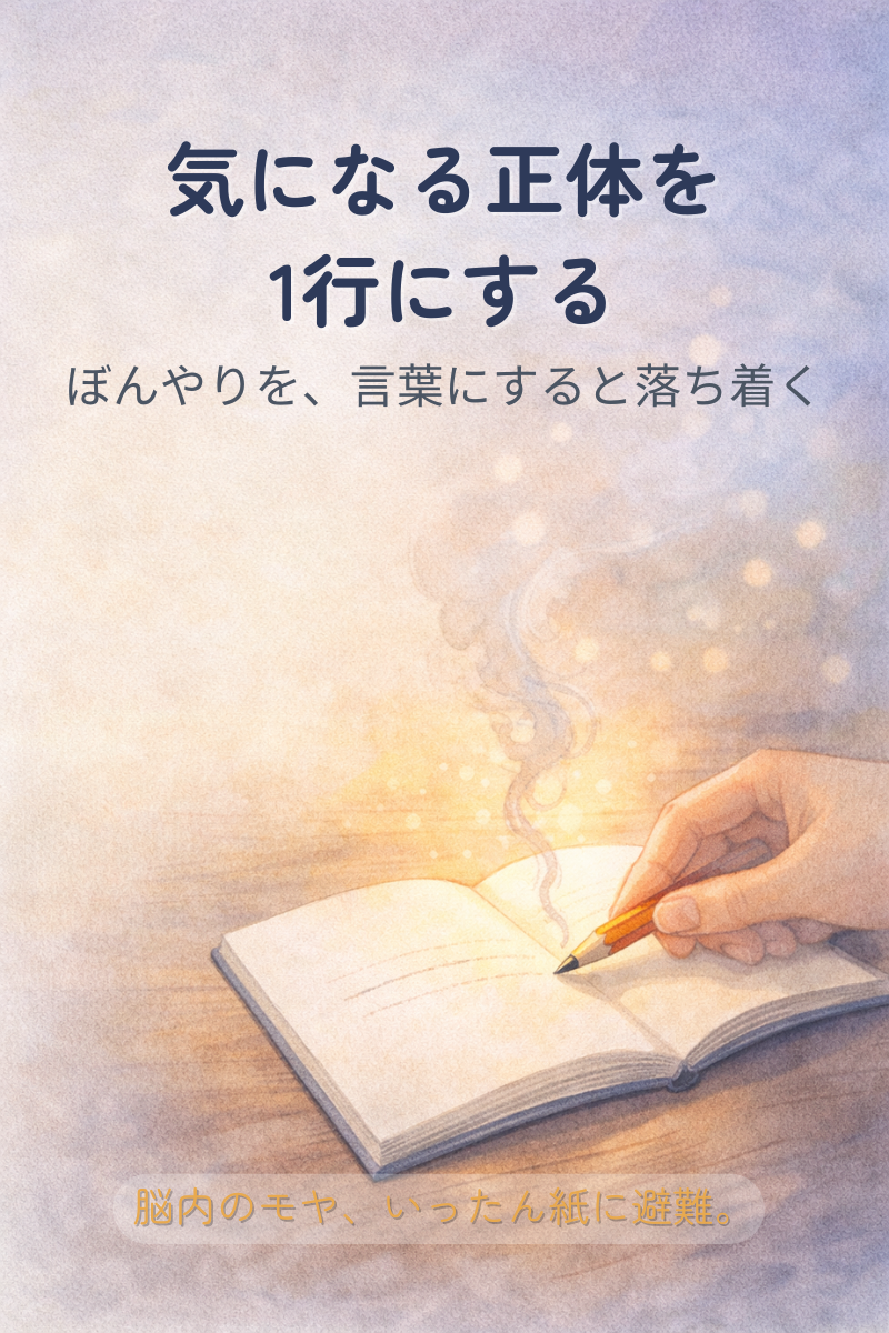 鉛筆から伸びる淡いモヤがノートに吸い込まれて整理される水彩イラスト