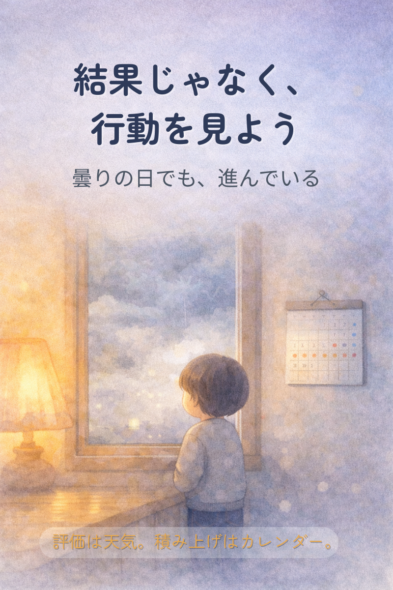 曇り空を眺める小さな人物と丸印が増えるカレンダーの水彩イラスト