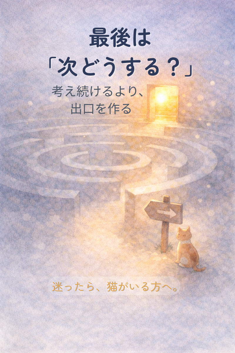 淡い迷路の道と光る出口、矢印看板のそばに座る猫の水彩イラスト