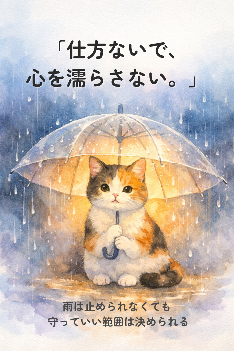 三毛猫が透明な傘の内側で暖かな光に包まれ、外側の雨から心を守っている水彩イラスト
