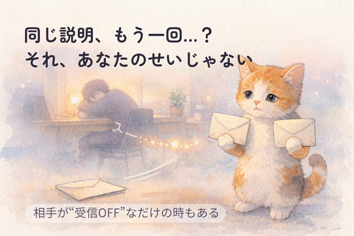 封筒を2通持って困った顔の猫。机でうとうとする相手に1通目の封筒が空振りして床に落ちている水彩イラスト