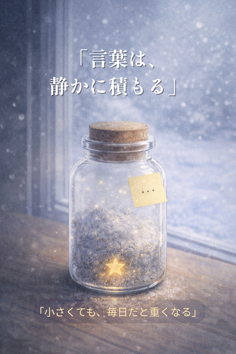 木のテーブルの上の小瓶に灰色の粉雪が溜まり、底で小さな星が光っているイラスト。窓の外は雪。
