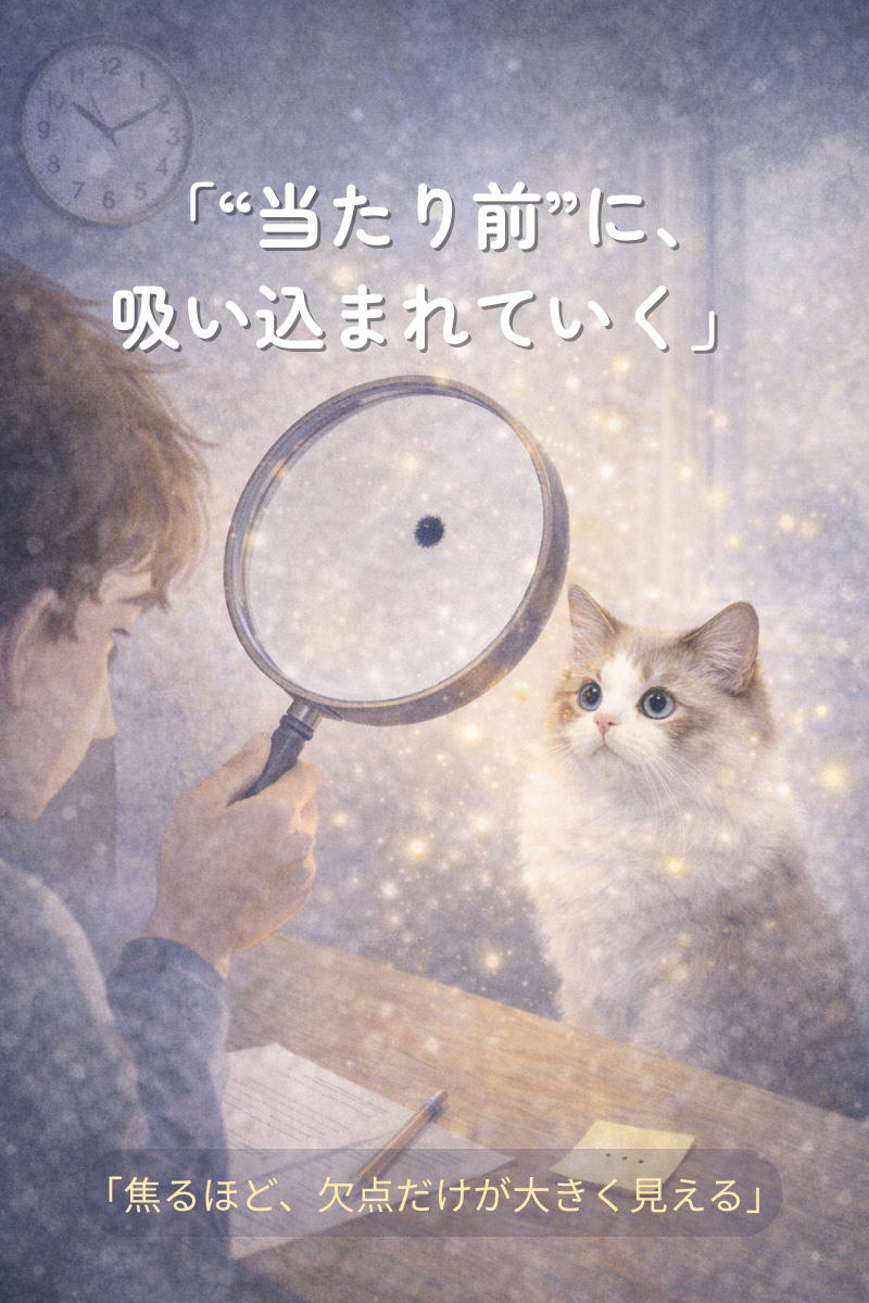 虫眼鏡で小さな黒点だけを見つめる人物と、周囲に光の粒が舞うラグドールのイラスト。背景に時計とメモがある。