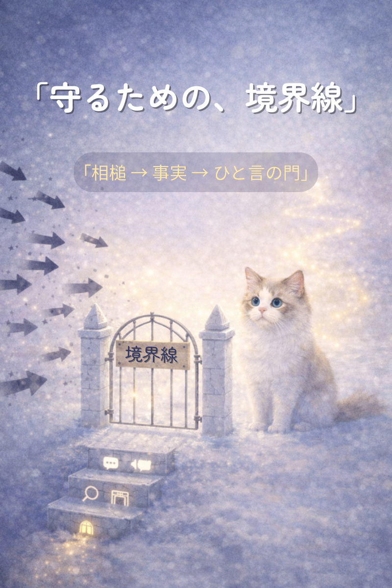 黒い矢印が門で止まり、足元の3段階段と光の道が続く。隣にラグドールがいる水彩イラスト。