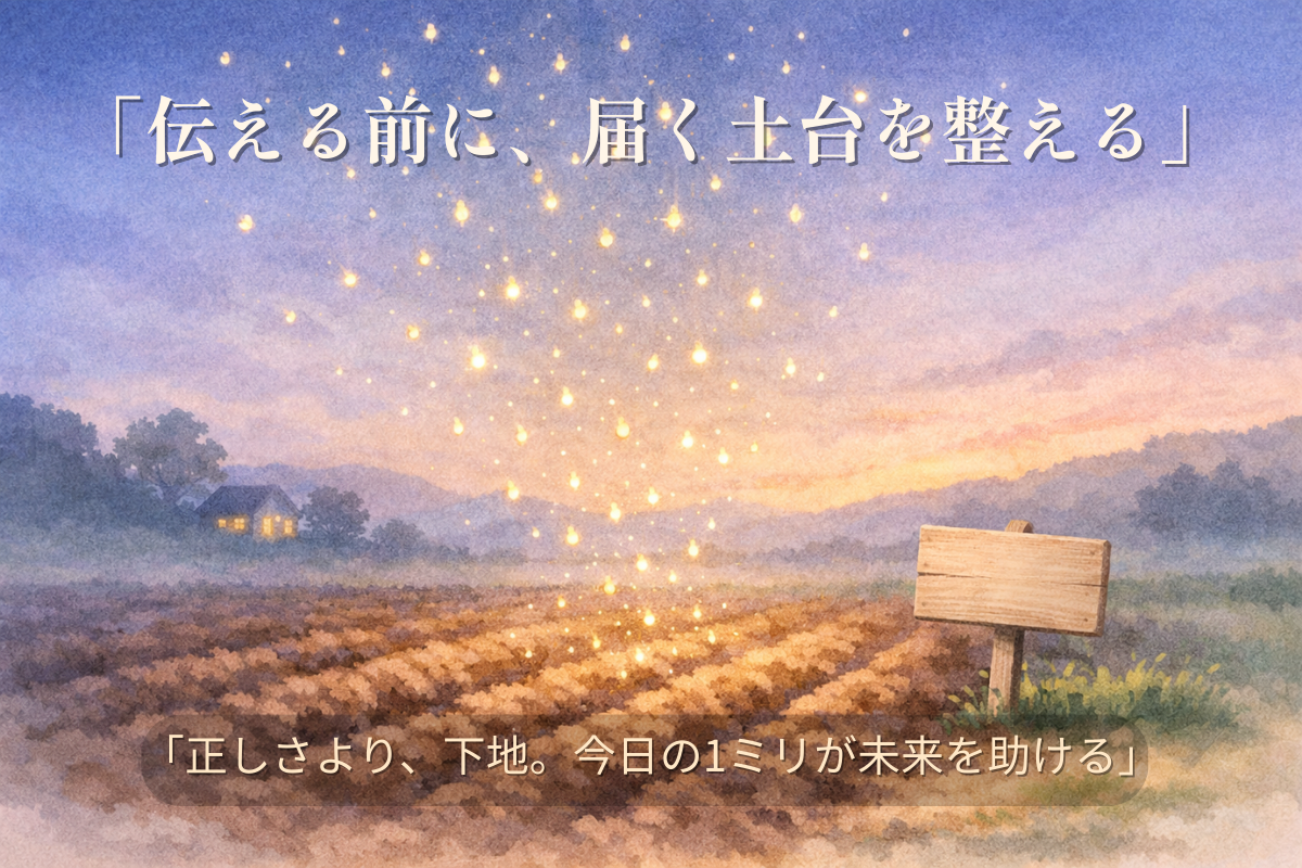 言うことを聞かない相手にイライラする時、伝える前に届く土台を整えることを表す、耕された畑と光の種の水彩イラスト