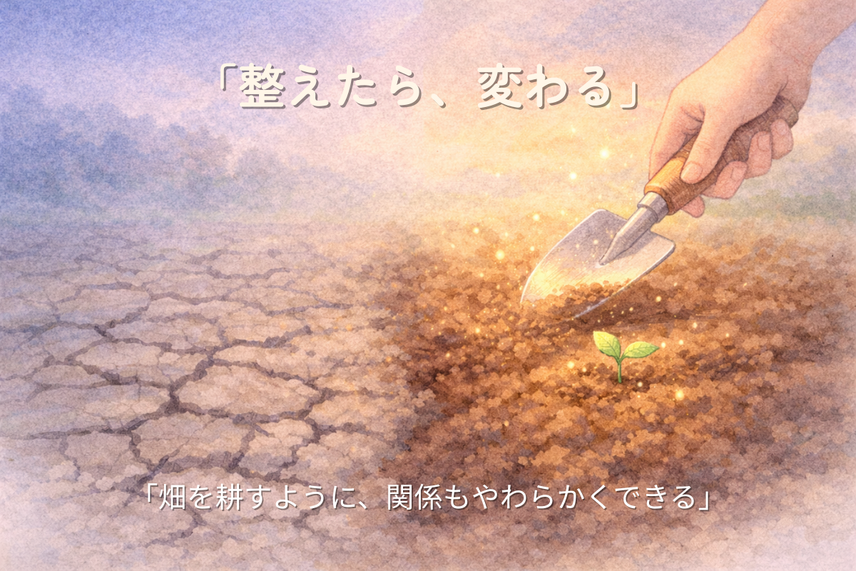 固いひび割れた地面が耕された柔らかい土へ変わっていく水彩イラスト。小さな芽が出て整えると変わることを表現