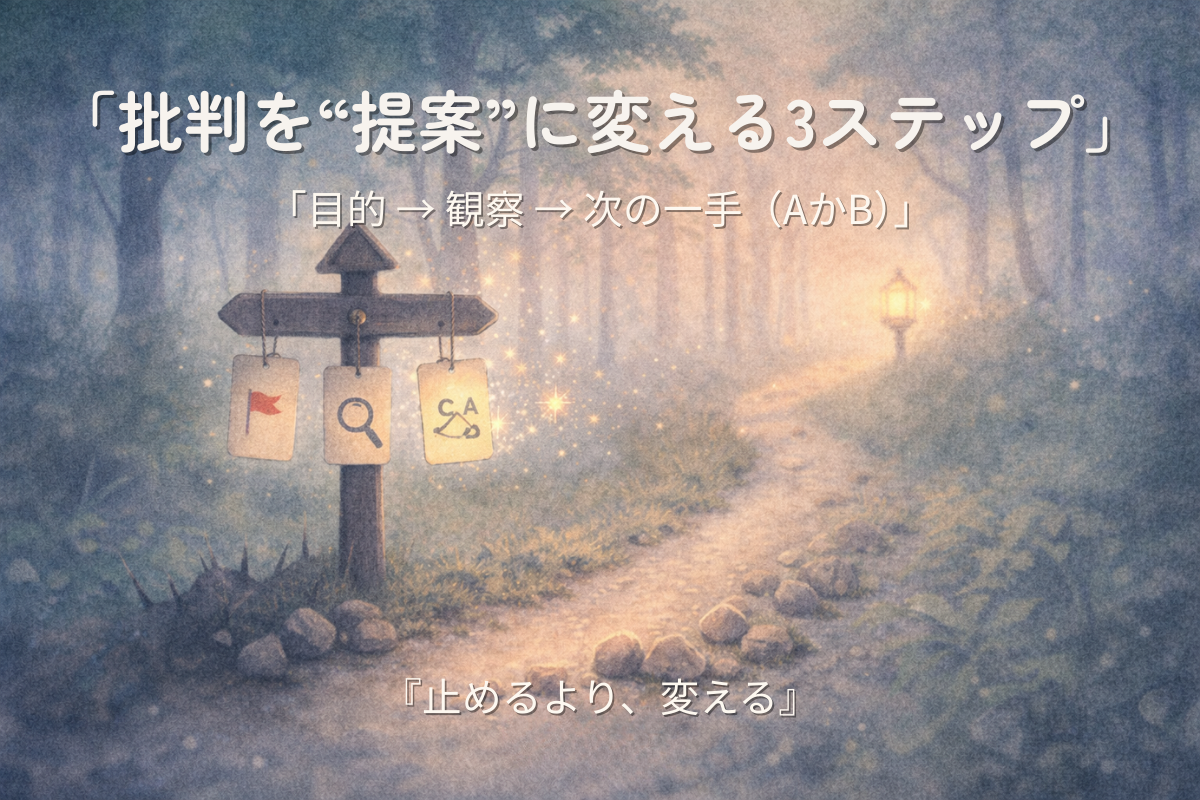 朝霧の森の小径に道標が立ち、旗・虫眼鏡・分岐路の札が揺れる。トゲの小石が丸く磨かれ、提案に変換する型を表す